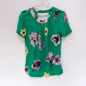 J CREW Floral 100% Silk Blouse Top size 0 XS Green